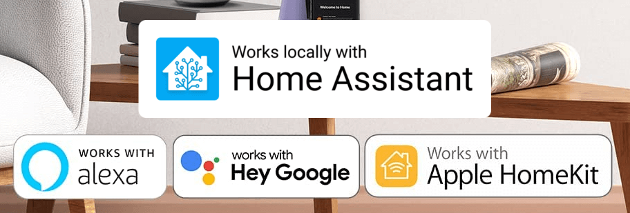 Picture of the "Works with" badges of Home Assistant, Alexa, Google and Apple.