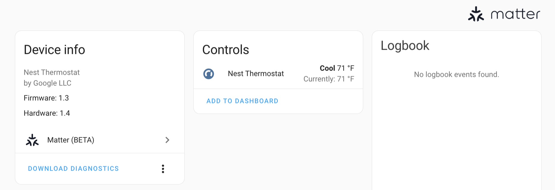 Screenshot of the device info page of a Nest thermostat controlled via Matter in Home Assistant.