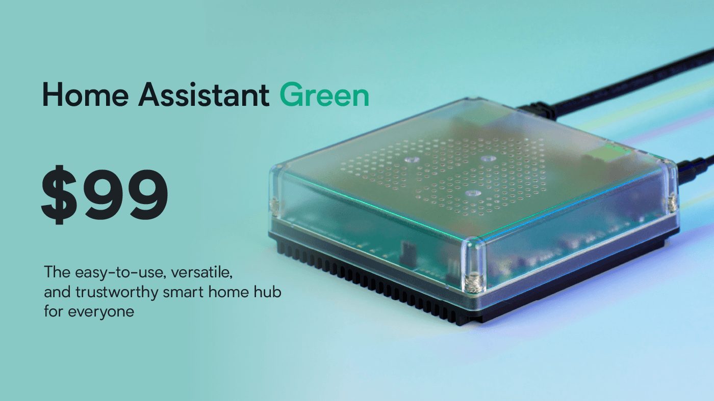 Photo of Home Assistant Green. Price is $99. First 1000 on sale today at seeed studio. More units and distributors in November.