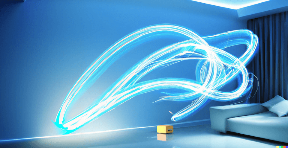Blue light rays swirling over a yellow box in a living room.