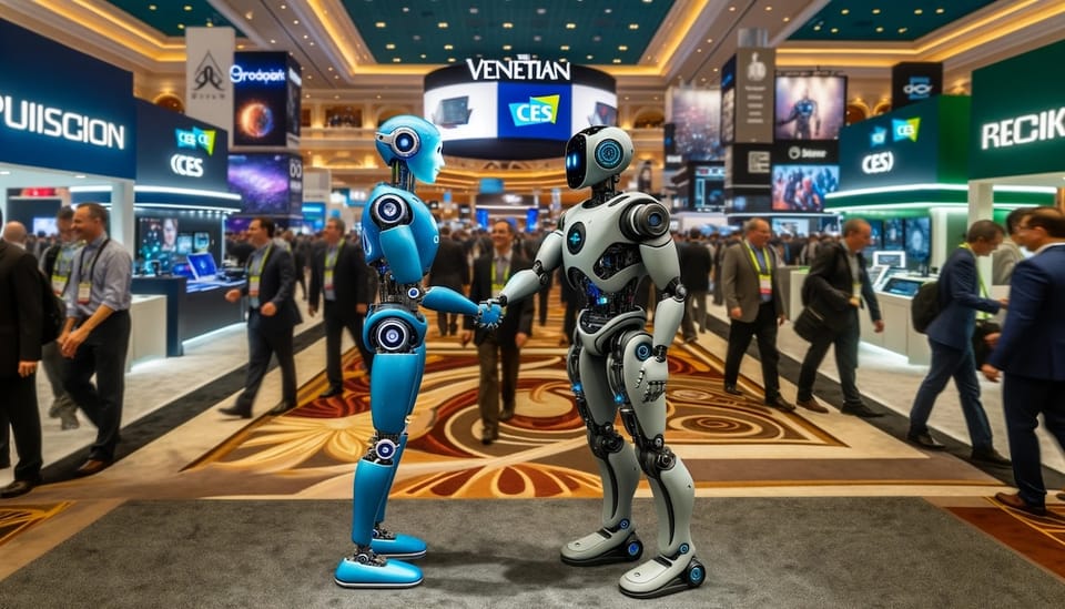 An illustration of two robot shaking hands in the Venetian during CES
