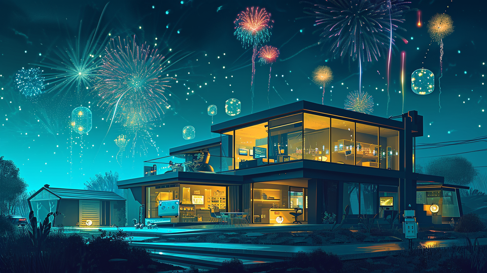 An illustration of a modern home at night, with fireworks going off in the sk