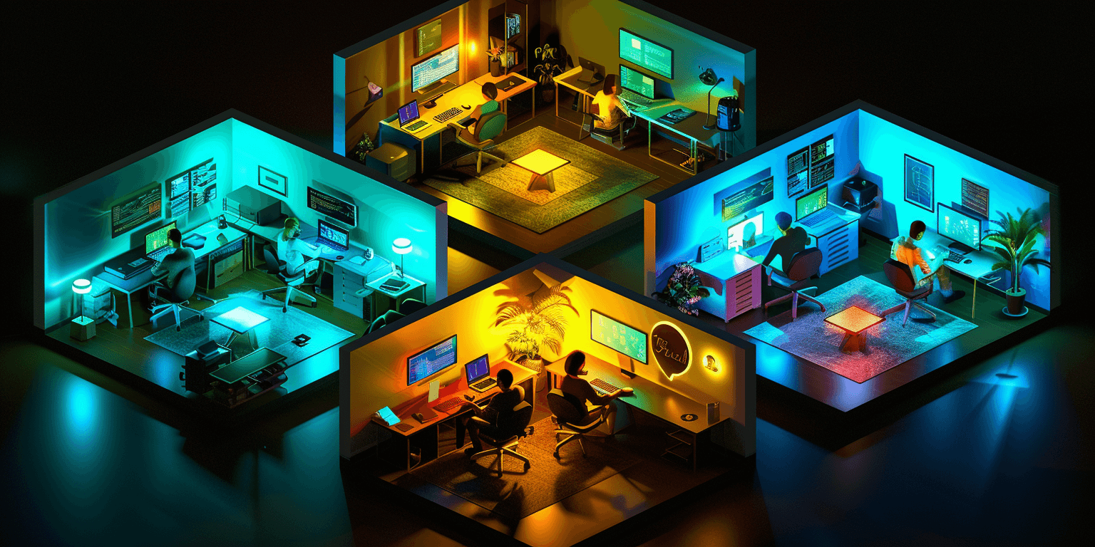 An image of 4 home offices in isometric style. 